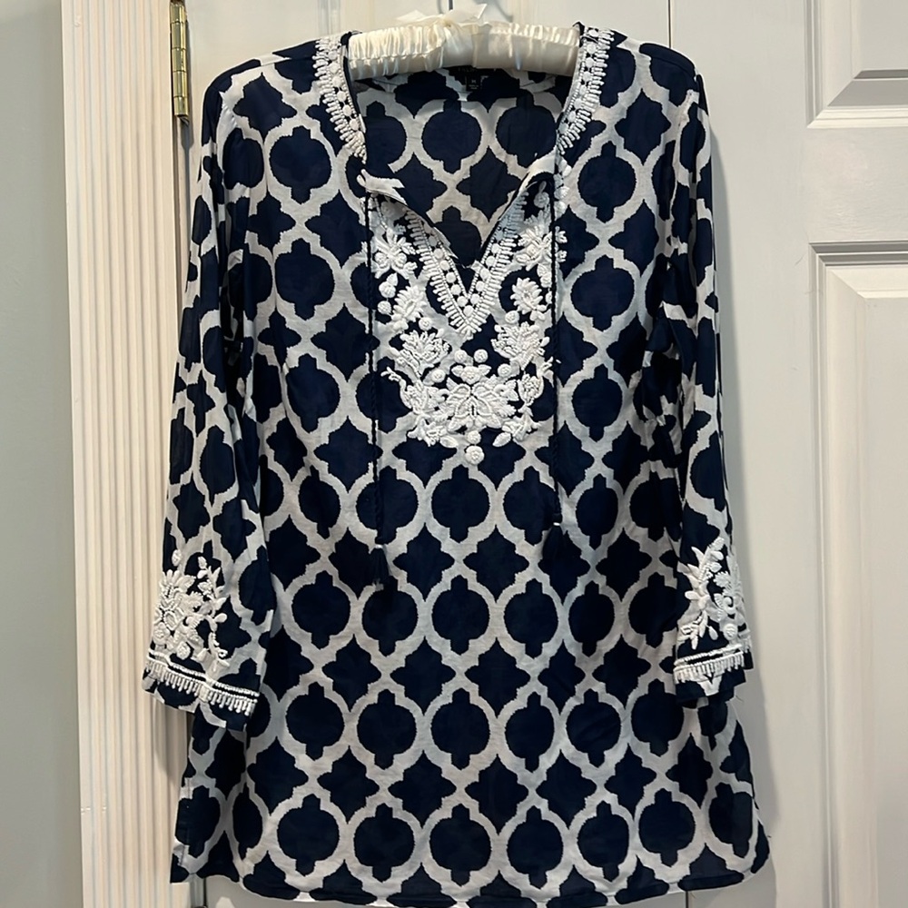 Talbots Tunic Navy White With Applique Size Medium 100% Cotton